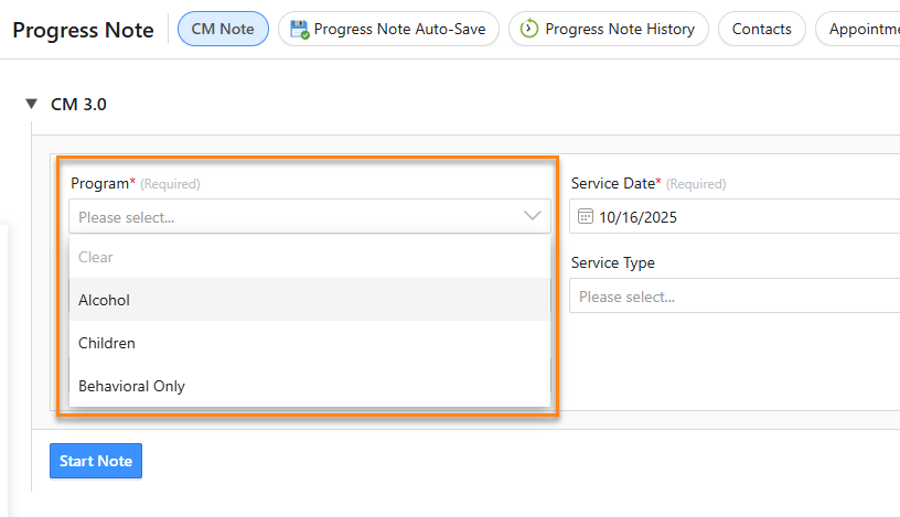Screenshot shows a note with the Program selector enabled